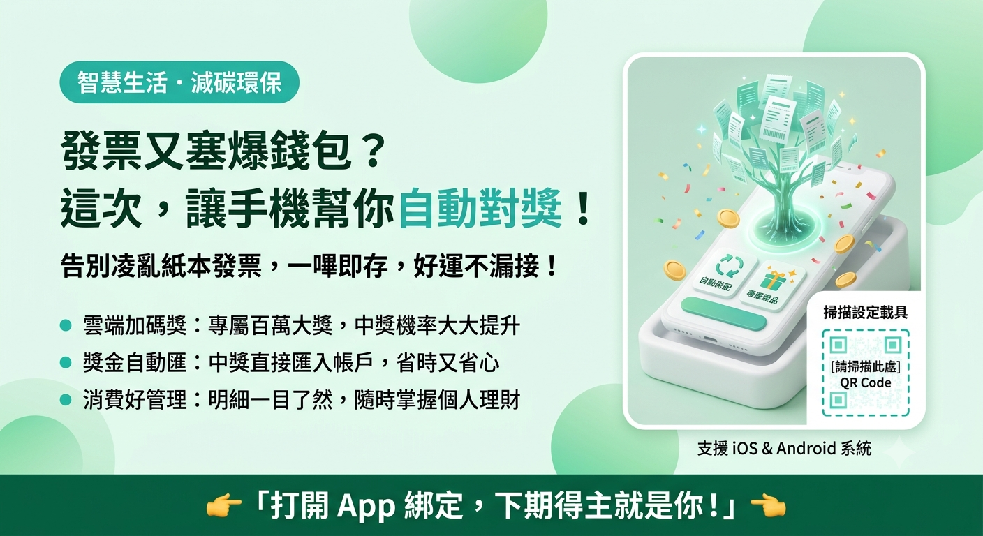 AI 生成橫式宣導海報:發票又塞爆錢包?這次,讓手機幫你自動對獎!
